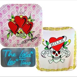 NWT Ed Hardy LOVE KILLS SLOWLY & LOVE TATOO Satin Scarves BUNDLE each 42”x42”
